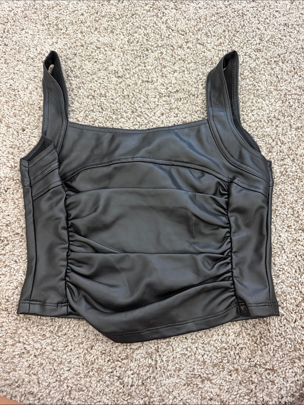 Elodie Black Faux Leather Ruched Crop Tank